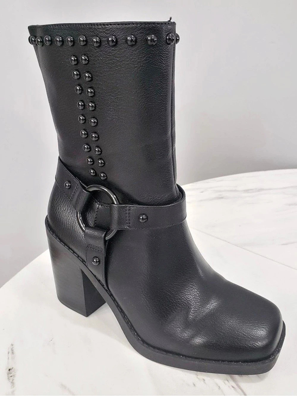 Studded Mid-Calf Heeled Boots in Black Like New